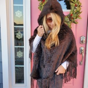 Genuine Knitted Mink Fur Hooded Cape with Leather Fringe